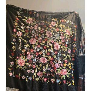 Vintage Embroidered Piano Shawl Black Floral Fringe 47x47 Spanish Style Wrap